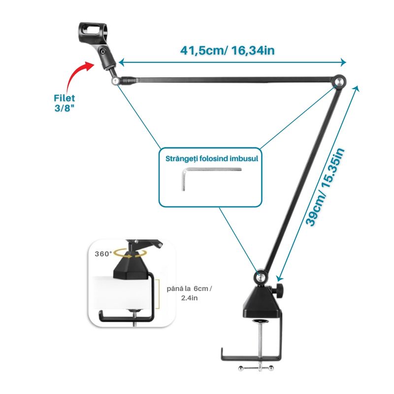 TV, Audio-Video si Foto - Audio profesionale - Stative - Stativ Microfon profesional Boom Arm Stand CR-G® ZEA24, Reglare Multi-unghi 360°, greutate suportata 2kg, Negru - Infinity.ro