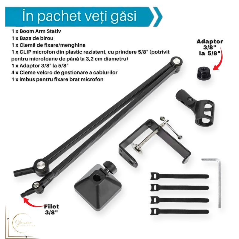 TV, Audio-Video si Foto - Audio profesionale - Stative - Stativ Microfon profesional Boom Arm Stand CR-G® ZEA24, Reglare Multi-unghi 360°, greutate suportata 2kg, Negru - Infinity.ro