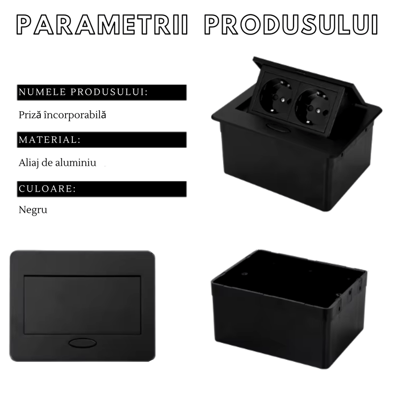 Casa si Gradina - Electrice - Prize - Priza Incorporabila Retractata, Adsinio, 2 Shucko, cablu 1.8m, curent nominal 16A, Aluminiu, Negru - Infinity.ro