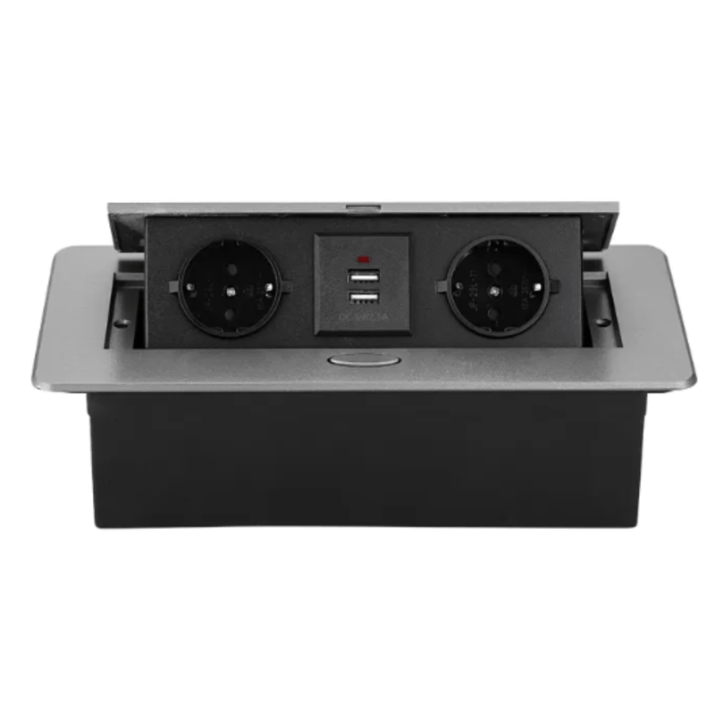 Casa si Gradina - Electrice - Prize - Priza Incorporabila Retractata, Adsinio, 2 Shucko, 2 USB, cablu 1.8m, curent nominal 16A, Aluminiu, Negru Antracit - Infinity.ro
