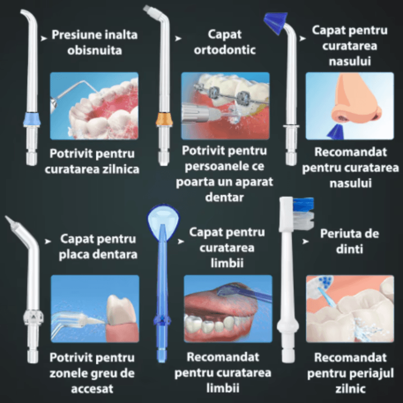 Ingrijire personala si Cosmetice - Igiena dentara - Irigatoare bucale - Irigator bucal profesional, Dus bucal, Adsinio, 8 Capete, 5 Trepte de presiune, Husa transport, Rezervor detasabil, Alb - Infinity.ro