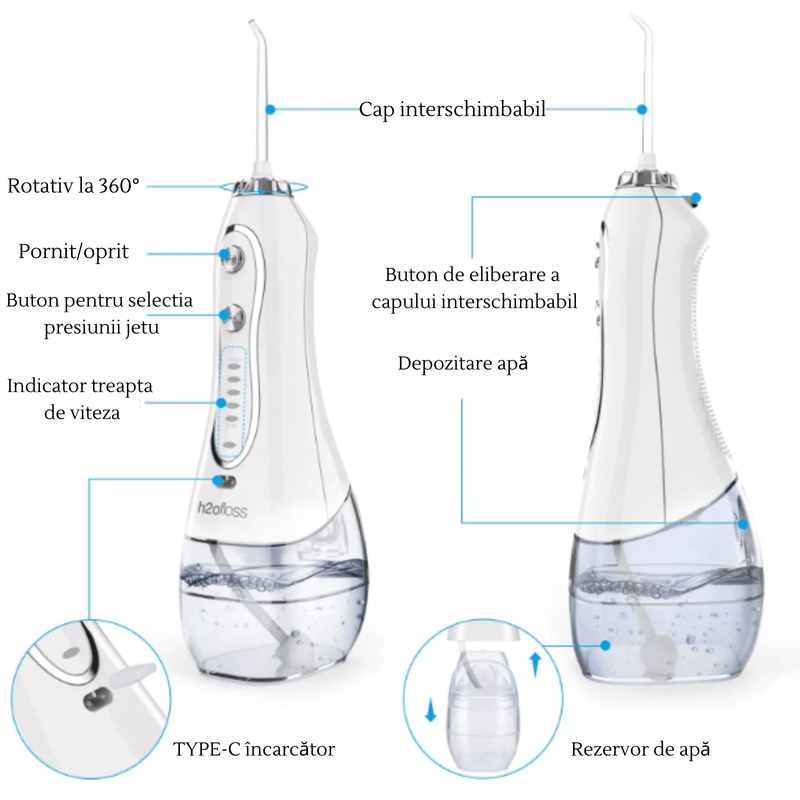 Ingrijire personala si Cosmetice - Igiena dentara - Irigatoare bucale - Irigator bucal profesional, Dus bucal, Adsinio, 8 Capete, 5 Trepte de presiune, Husa transport, Rezervor detasabil, Alb - Infinity.ro