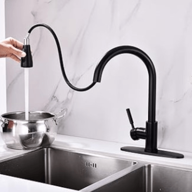 Casa si Gradina - Sanitare - Chiuveta bucatarie si accesorii - Baterii bucatarie - Baterie de bucatarie, Adsinio, dus extractabil, doua moduri de stropire, buton pentru stop, placa de baza, Negru - Infinity.ro
