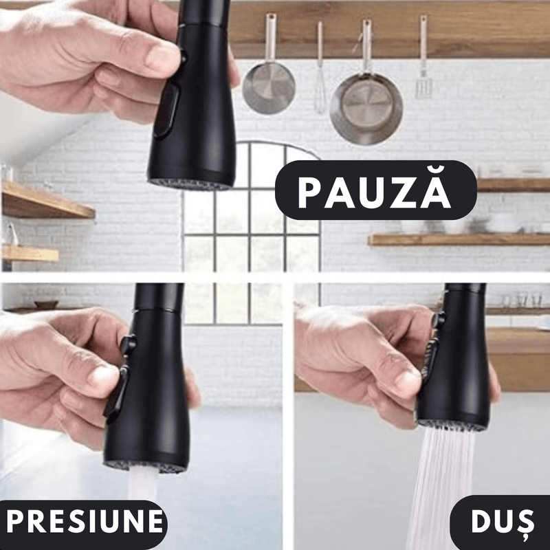 Casa si Gradina - Sanitare - Chiuveta bucatarie si accesorii - Baterii bucatarie - Baterie de bucatarie, Adsinio, dus extractabil, doua moduri de stropire, buton pentru stop, placa de baza, Negru - Infinity.ro