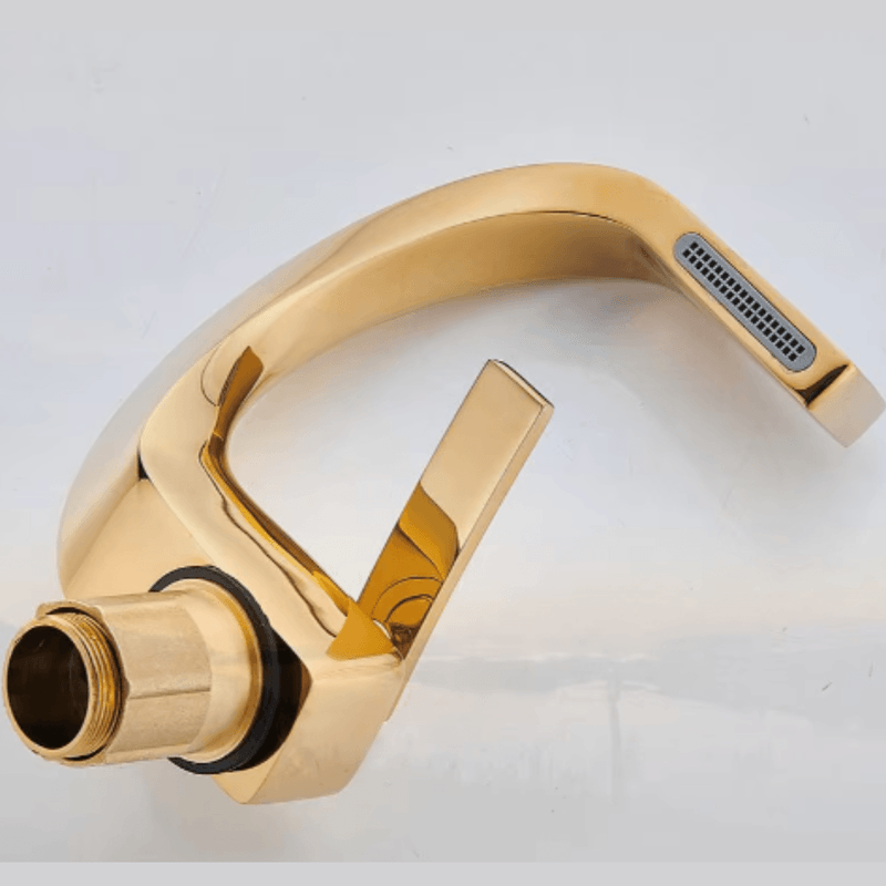 Casa si Gradina - Sanitare - Lavoar baie si accesorii - Baterii sanitare - Baterie chiuveta baie, Adsinio, Corp de cupru, Iesire in cascada, pipa scurta fixa, monocomanda, Auriu - Infinity.ro