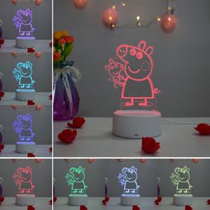 Lampa de veghe 3D LED, Purcelusa Peppa, 7 culori, lumina ambientala, alimentare USB cu incarcator priza si/sau 3 baterii AA