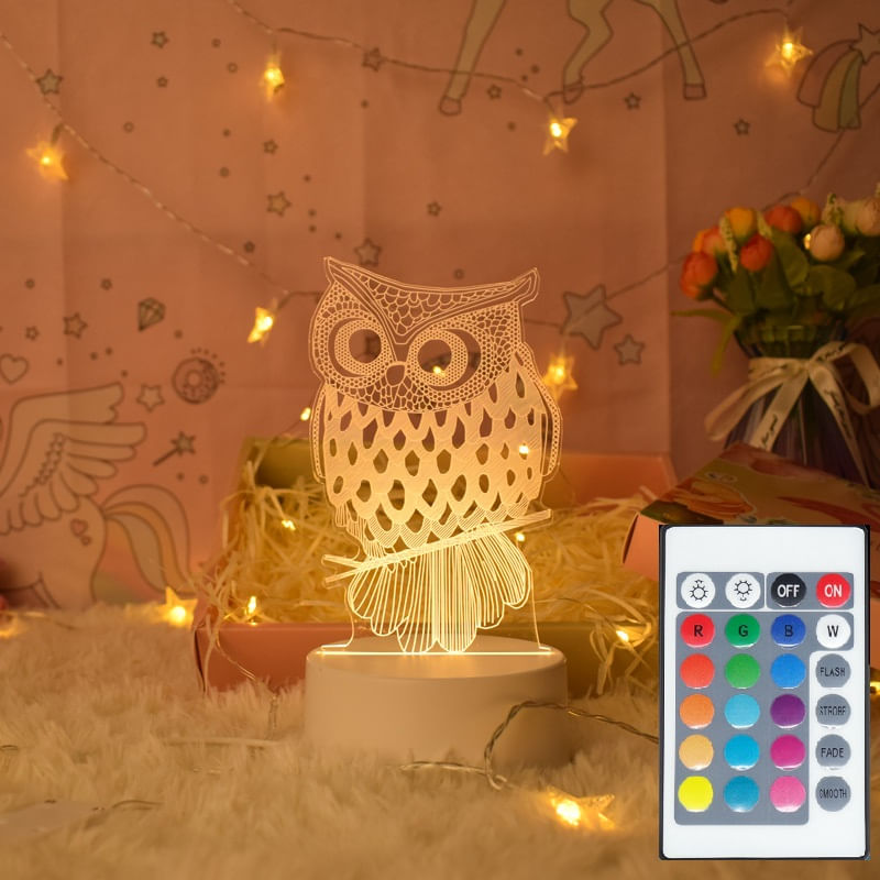 Casa si Gradina - Corpuri si surse de iluminat - Veioze si lampi - Lampi de veghe copii - Lampa de veghe 3D LED, Bufnita, 16 culori, cu telecomanda, lumina ambientala, alimentare USB cu incarcator priza si/sau 3 baterii AA - Infinity.ro