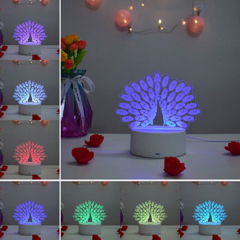 Casa si Gradina - Corpuri si surse de iluminat - Veioze si lampi - Lampi de veghe copii - Lampa de veghe 3D LED, Paun, 16 Culori, schimbare culoare prin telecomanda, Lumina Ambientala, Alimentare USB cu Incarcator priza si/sau 3 baterii AA - Infinity.ro