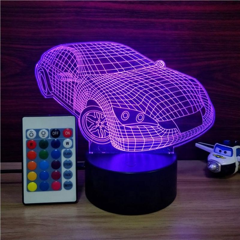Casa si Gradina/Corpuri si surse de iluminat/Veioze si lampi/Lampi de veghe copii - Lampa de veghe 3D LED, Masina, 16 culori,cu telecomanda, lumina ambientala, alimentare USB cu incarcator priza si/sau 3 baterii AA - Infinity.ro