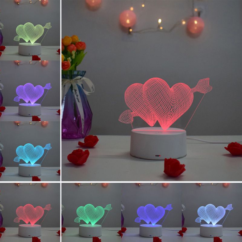 Casa si Gradina - Corpuri si surse de iluminat - Veioze si lampi - Lampi de veghe copii - Lampa de veghe 3D LED, 2 Inimioare Dragoste, 16 culori, cu telecomanda, lumina ambientala, alimentare USB cu incarcator priza si/sau 3 baterii AA - Infinity.ro