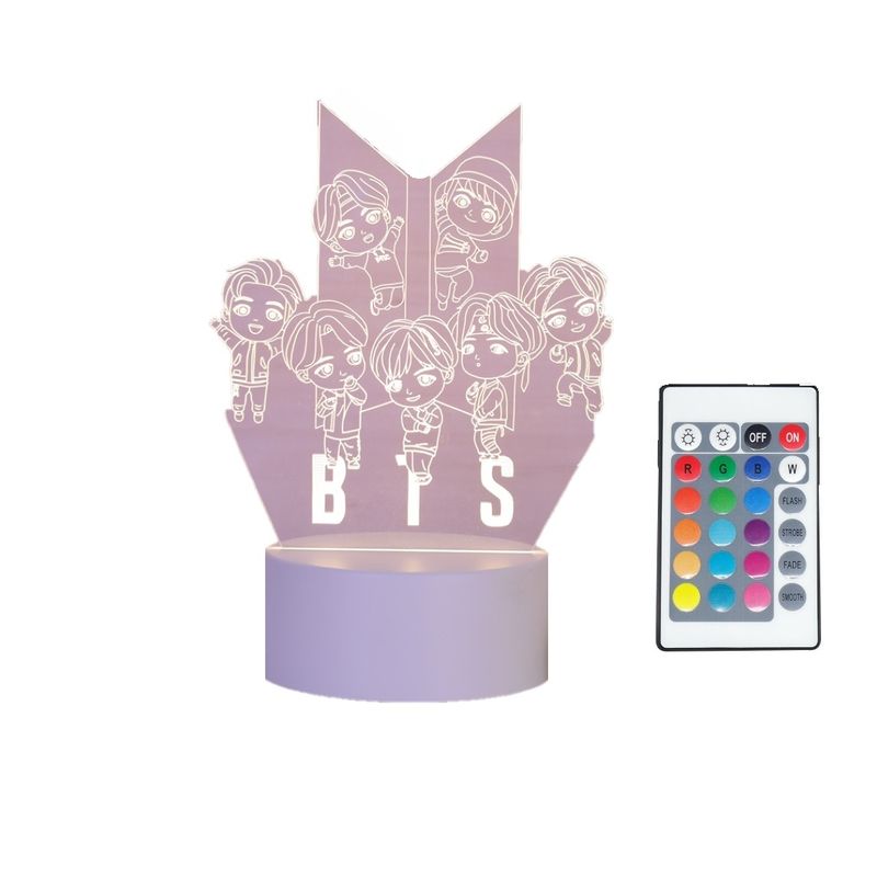 Casa si Gradina/Corpuri si surse de iluminat/Veioze si lampi/Lampi de veghe copii - Lampa de veghe 3D LED, Trupa BTS, 16 culori,cu telecomanda, lumina ambientala, alimentare USB sau 3 baterii AA - Infinity.ro