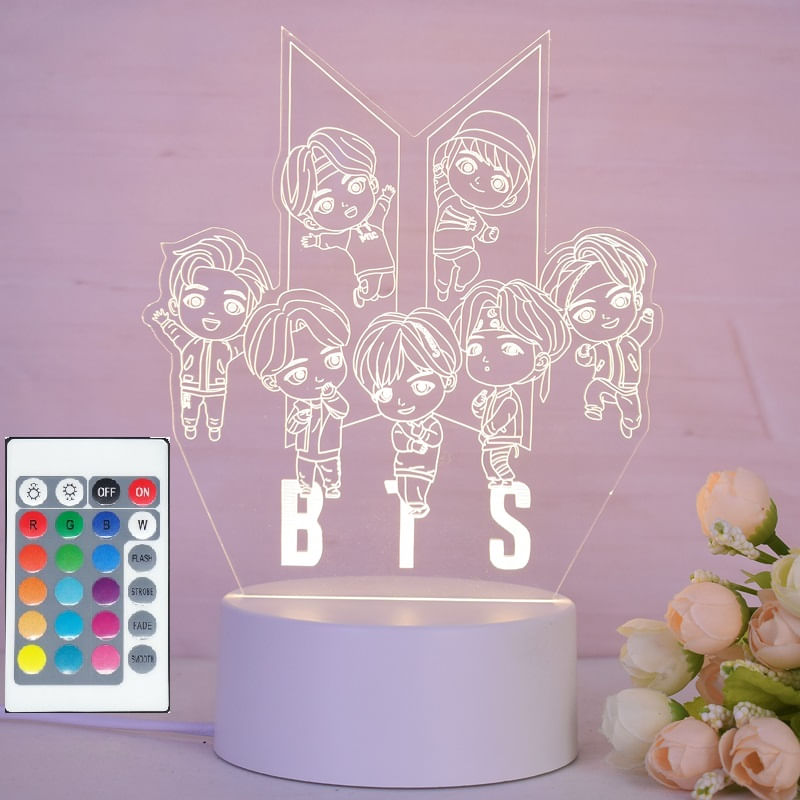 Casa si Gradina/Corpuri si surse de iluminat/Veioze si lampi/Lampi de veghe copii - Lampa de veghe 3D LED, Trupa BTS, 16 culori,cu telecomanda, lumina ambientala, alimentare USB sau 3 baterii AA - Infinity.ro