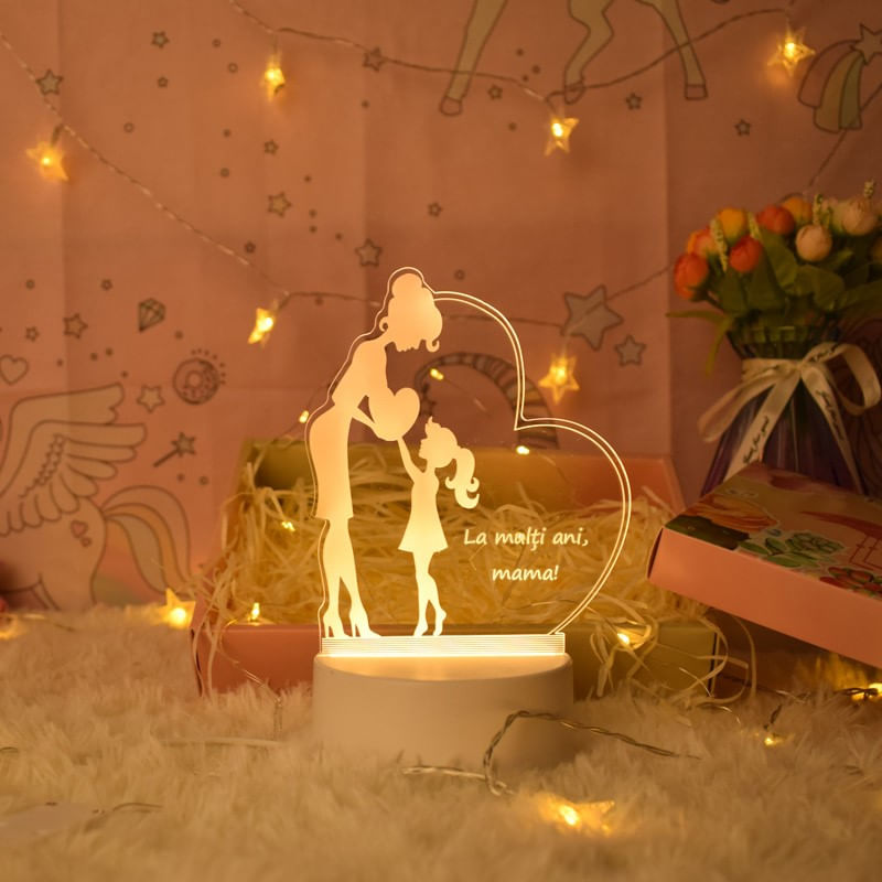 Casa si Gradina - Corpuri si surse de iluminat - Veioze si lampi - Lampi de veghe copii - Lampa de veghe 3D LED, Inima personalizata  "La multi ani, mama!", fetita 7 culori, lumina ambientala, alimentare USB cu incarcator priza si/sau 3 baterii AA - Infinity.ro