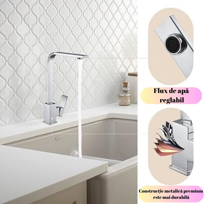 Casa si Gradina - Sanitare - Chiuveta bucatarie si accesorii - Baterii bucatarie - Baterie chiuveta bucatarie, Adsinio, pipa inalta, rotativa, monocomanda, Argintiu - Infinity.ro