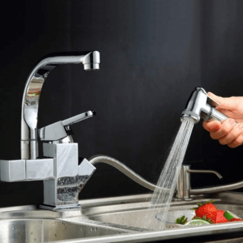 Casa si Gradina - Sanitare - Chiuveta bucatarie si accesorii - Baterii bucatarie - Baterie chiuveta cu dus flexibil pentru bucatarie, pipa inalta, monocomanda Adsinio, Argintiu - Infinity.ro