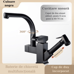Casa si Gradina/Sanitare/Chiuveta bucatarie si accesorii/Baterii bucatarie - Baterie chiuveta cu dus flexibil pentru bucatarie, pipa inalta, monocomanda Adsinio, Negru mat - Infinity.ro