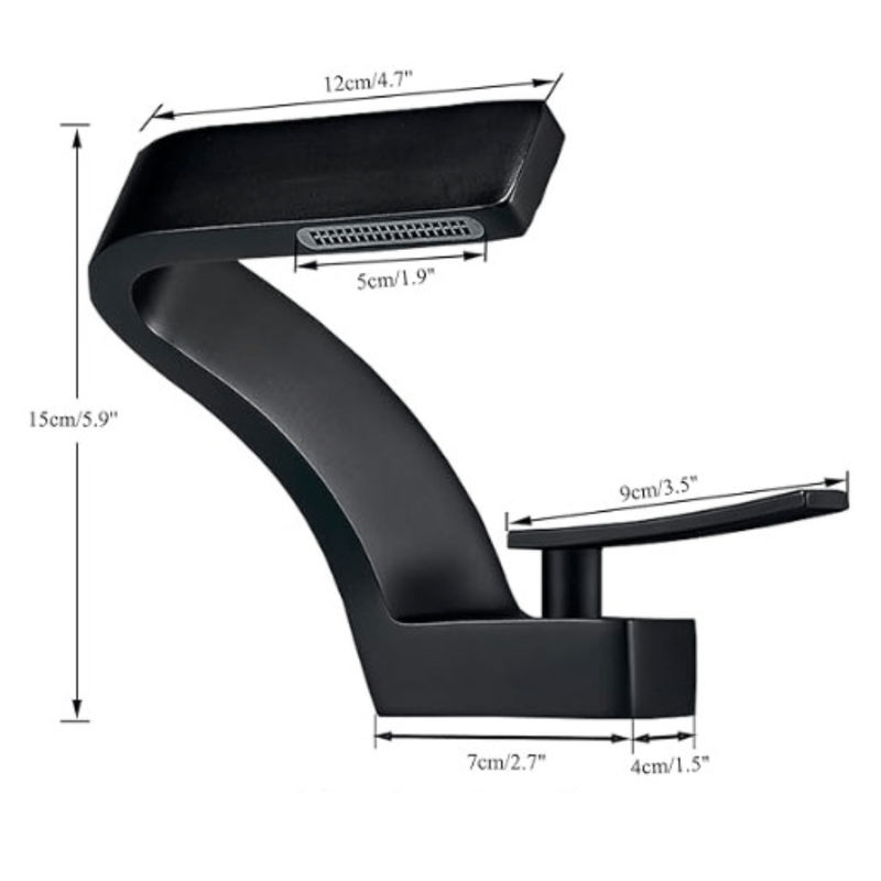 Casa si Gradina - Sanitare - Lavoar baie si accesorii - Baterii sanitare - Baterie chiuveta baie, Adsinio, Corp de cupru, Iesire in cascada, pipa scurta fixa, monocomanda, Negru Mat - Infinity.ro