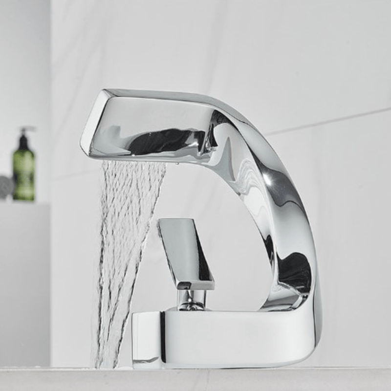 Casa si Gradina - Sanitare - Lavoar baie si accesorii - Baterii sanitare - Baterie chiuveta baie, Adsinio, Corp de cupru, Iesire in cascada, Reglare manuala a temperaturii apei, Argintiu - Infinity.ro