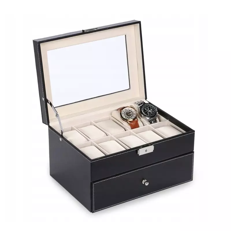 Fashion, accesorii si bijuterii - Femei - Bijuterii femei - Cutii bijuterii - Cutie tip caseta organizatoare pentru ceasuri, Gonga® Negru 20 compartimente - Infinity.ro