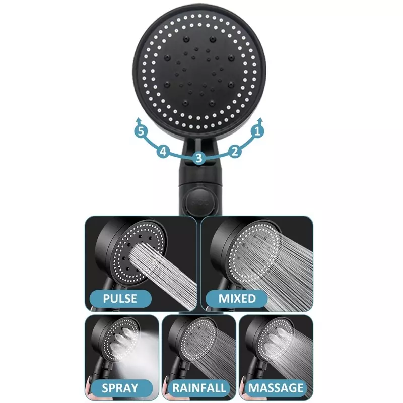 Casa si Gradina - Sanitare - Lavoar baie si accesorii - Accesorii baterii sanitare - Cap de dus cu 5 functii si buton oprire, presiune mare, economisire apa, Gonga® Negru - Infinity.ro