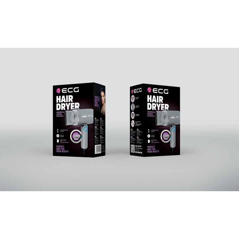 Ingrijire personala si Cosmetice - Aparate & accesorii ingrijire personala - Hair styling - Uscatoare de par - Uscator de par pentru voiaj ECG Grigio Piccolo, 1200 W, 2 viteze, 2 niveluri de temperatura, maner pliabil, gri - Infinity.ro