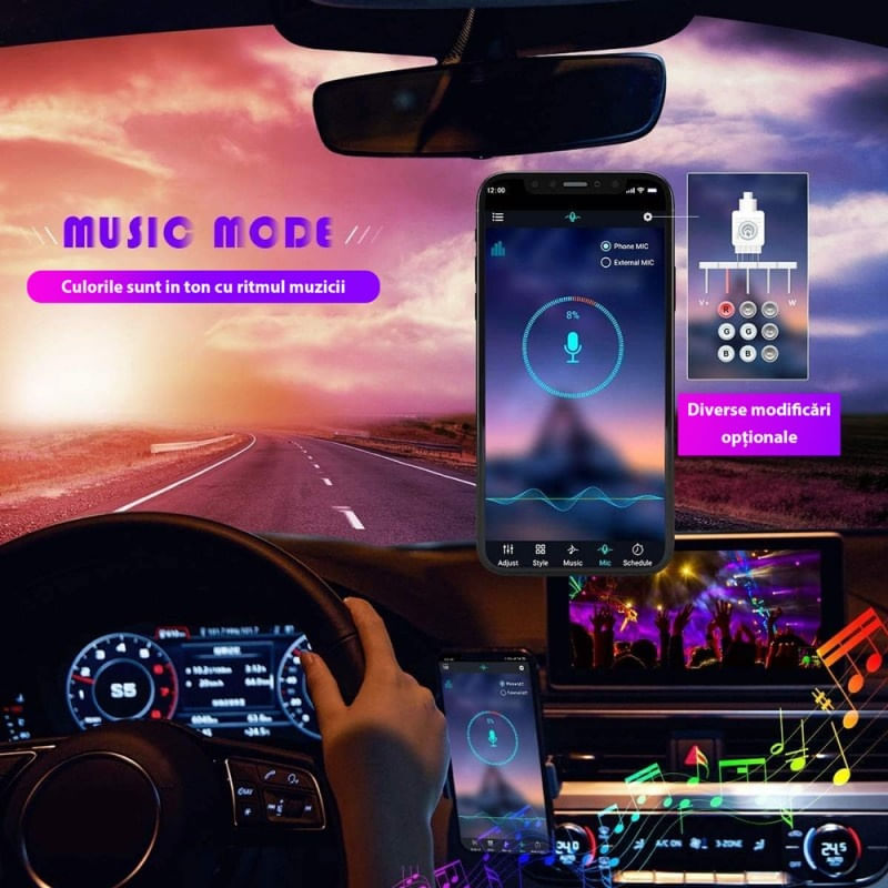 Auto si Moto - Electrice auto - Iluminare si semnalizare - Lumini ambientale - Benzi Led Auto Techstar®, MultiColore, RGB, 12 Leduri x 4 Benzi, Control Aplicatie, Bluetooth, Android - Infinity.ro
