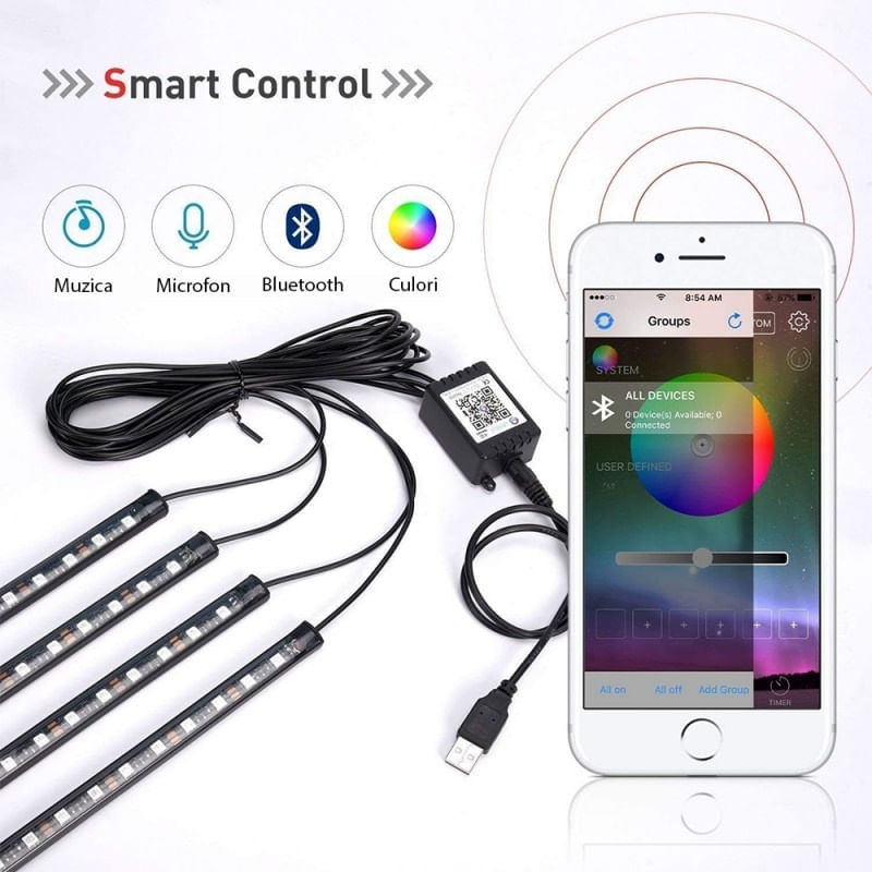 Auto si Moto - Electrice auto - Iluminare si semnalizare - Lumini ambientale - Benzi Led Auto Techstar®, MultiColore, RGB, 12 Leduri x 4 Benzi, Control Aplicatie, Bluetooth, Android - Infinity.ro