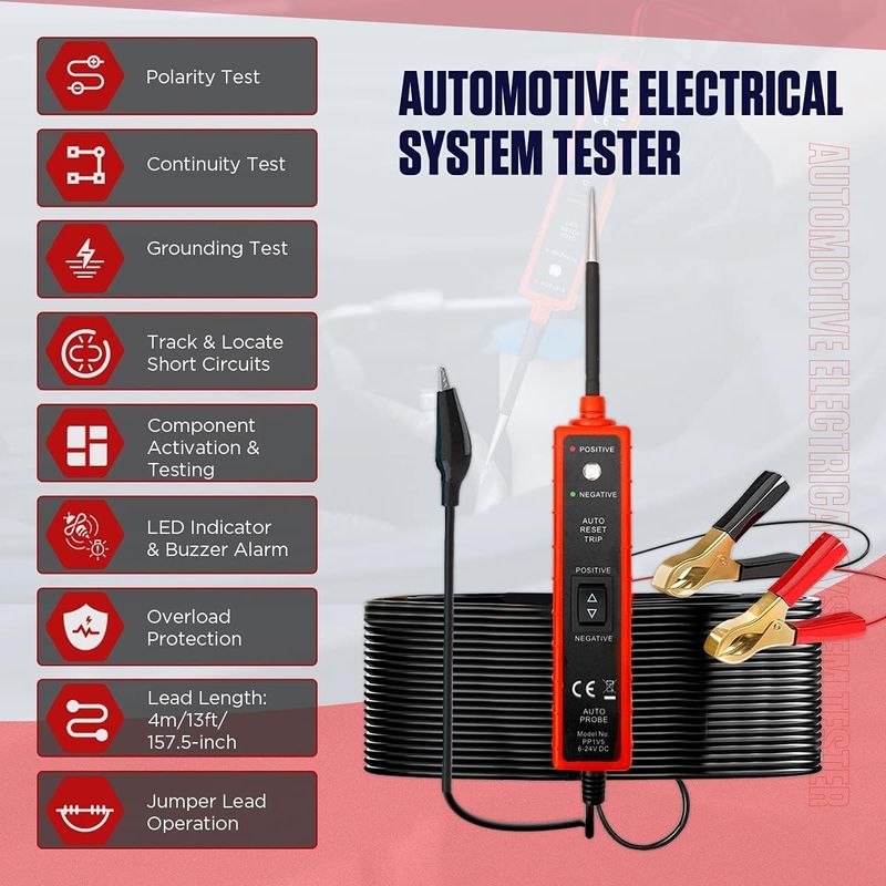Auto si Moto - Reparatii si depanare - Scule auto - Testere si multimetre - Tester Multifunctional Techstar® Portabil pentru Circuite Auto 6V-24V DC cu Cablu de 5 metri, Protectie la Suprasarcina - Infinity.ro