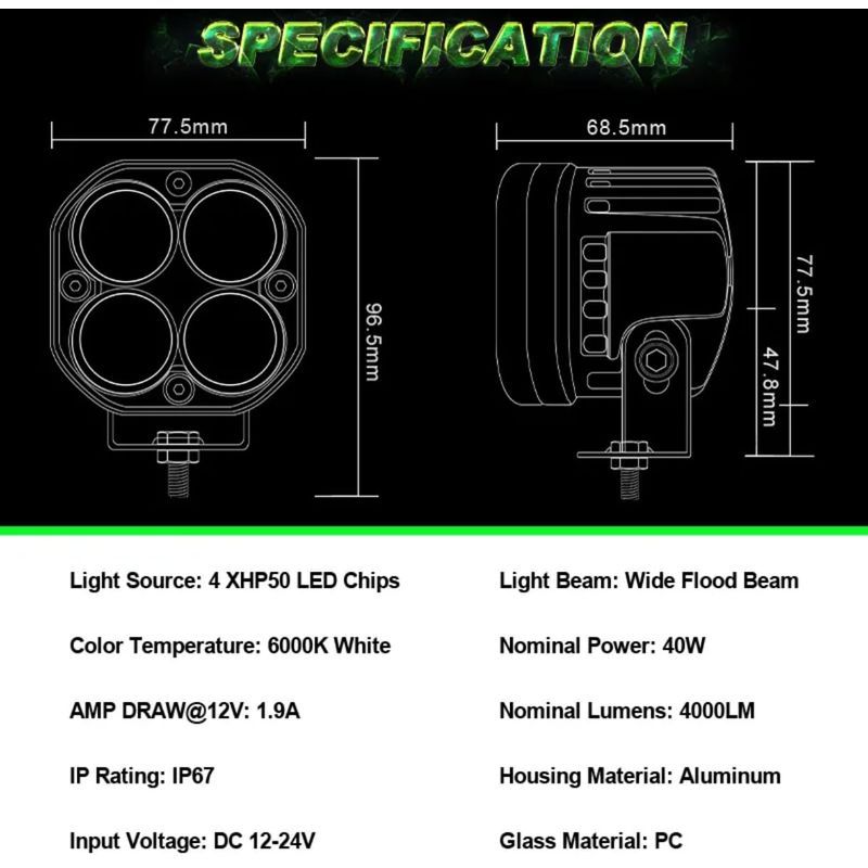 Auto si Moto - Piese auto si accesorii - Caroserie - Faruri, stopuri si proiectoare - Proiector LED Offroad 40W, 4000LM 6000K 4 LED-uri XHP50, Fascicul Larg Flood, 12V-24V IP67, Rezistent la Apa - Infinity.ro
