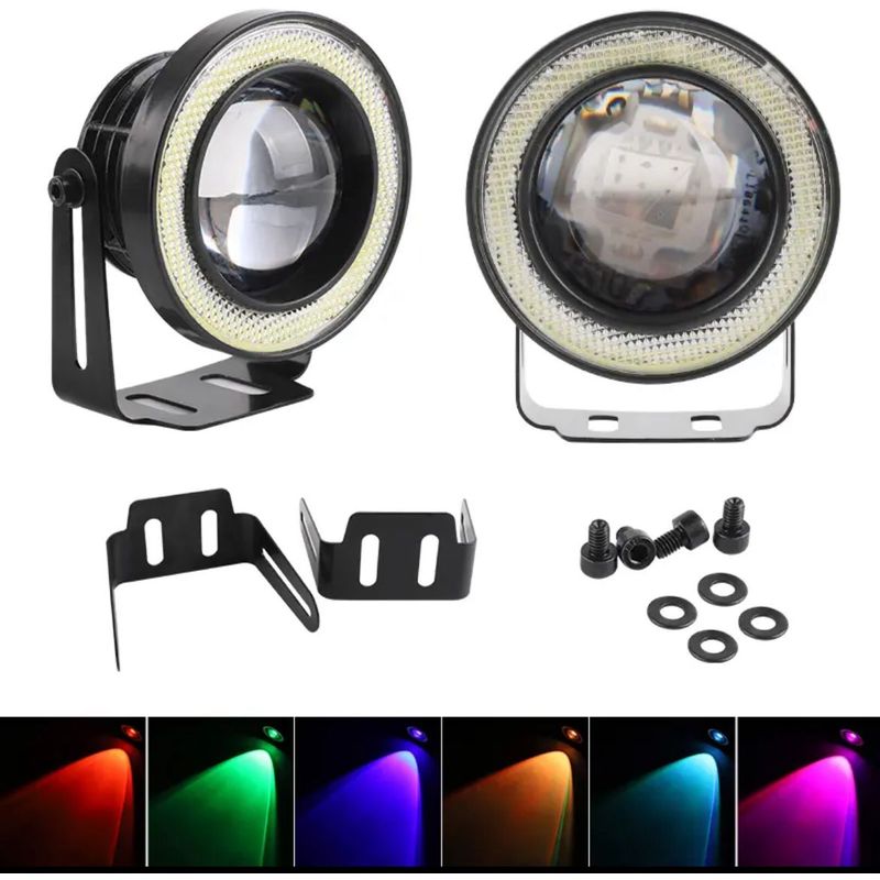 Auto si Moto - Piese auto si accesorii - Caroserie - Faruri, stopuri si proiectoare - Set 2 Proiectoare LED AutoREY®, cu Lupa RGB si Angel Eyes 76mm diametru, Culoare 6000k Alb pentru Auto, Moto, ATV, 12V - Infinity.ro