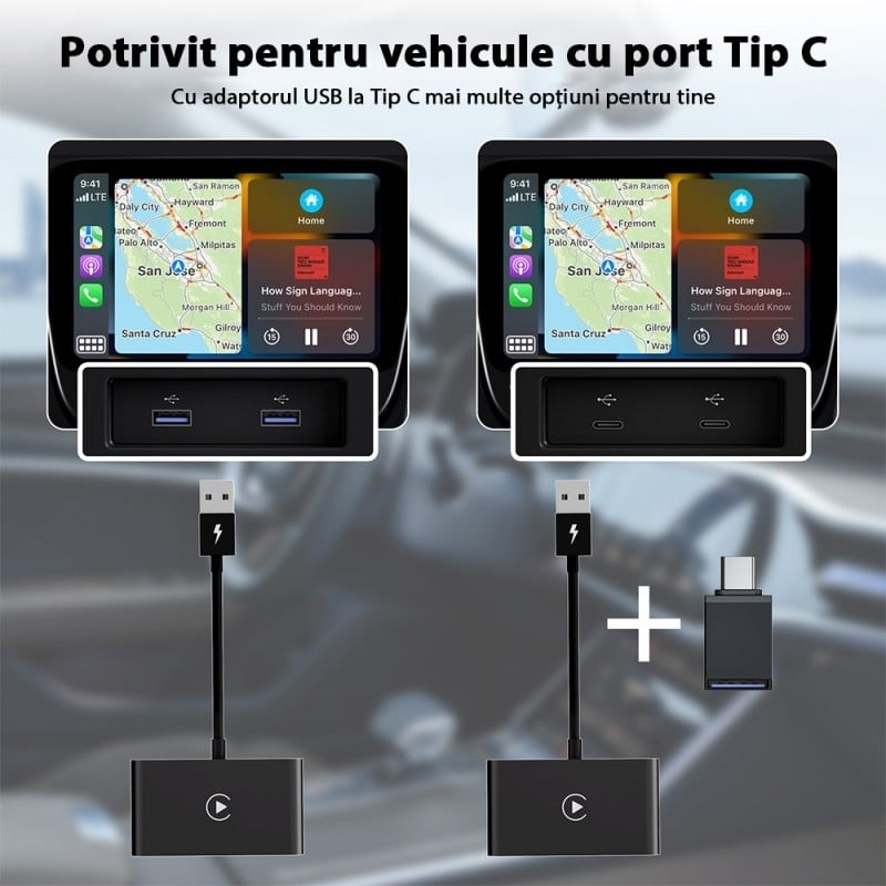 Auto si Moto - Electronice auto - Multimedia auto - Adaptor Wireless Techstar® CTHT-020-2 Pentru Apple CarPlay Si IPhone IOS 10+, Dongle USB-Type C , WiFi 5G, Bluetooth - Infinity.ro