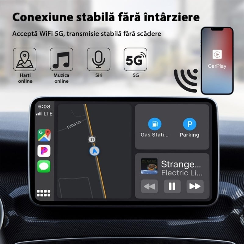 Auto si Moto - Electronice auto - Multimedia auto - Adaptor Wireless Techstar® CTHT-020-2 Pentru Apple CarPlay Si IPhone IOS 10+, Dongle USB-Type C , WiFi 5G, Bluetooth - Infinity.ro