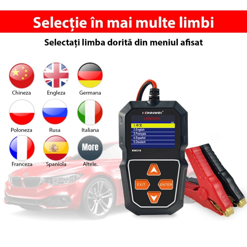 Auto si Moto - Reparatii si depanare - Scule auto - Testere si multimetre - Tester Profesional Pentru Baterii Auto, Konnwei KW218, 6V - 12V, Display 2,4 Inch, Graficul Tensiunii, 100-2000 CCA - Infinity.ro