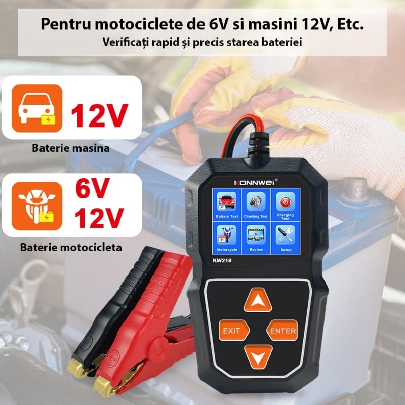 Auto si Moto - Reparatii si depanare - Scule auto - Testere si multimetre - Tester Profesional Pentru Baterii Auto, Konnwei KW218, 6V - 12V, Display 2,4 Inch, Graficul Tensiunii, 100-2000 CCA - Infinity.ro