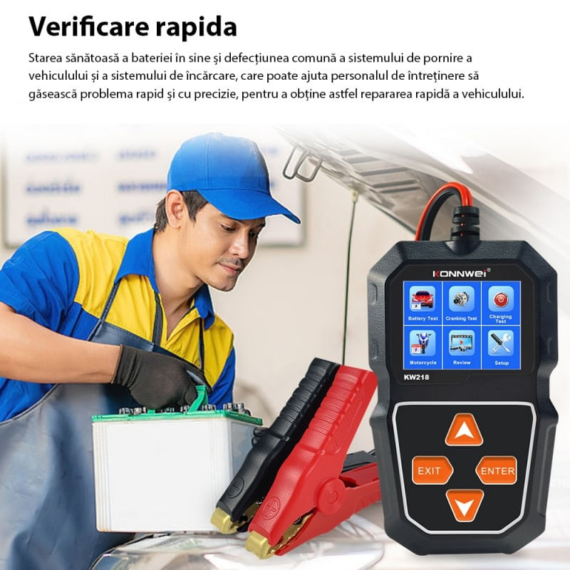 Auto si Moto - Reparatii si depanare - Scule auto - Testere si multimetre - Tester Profesional Pentru Baterii Auto, Konnwei KW218, 6V - 12V, Display 2,4 Inch, Graficul Tensiunii, 100-2000 CCA - Infinity.ro