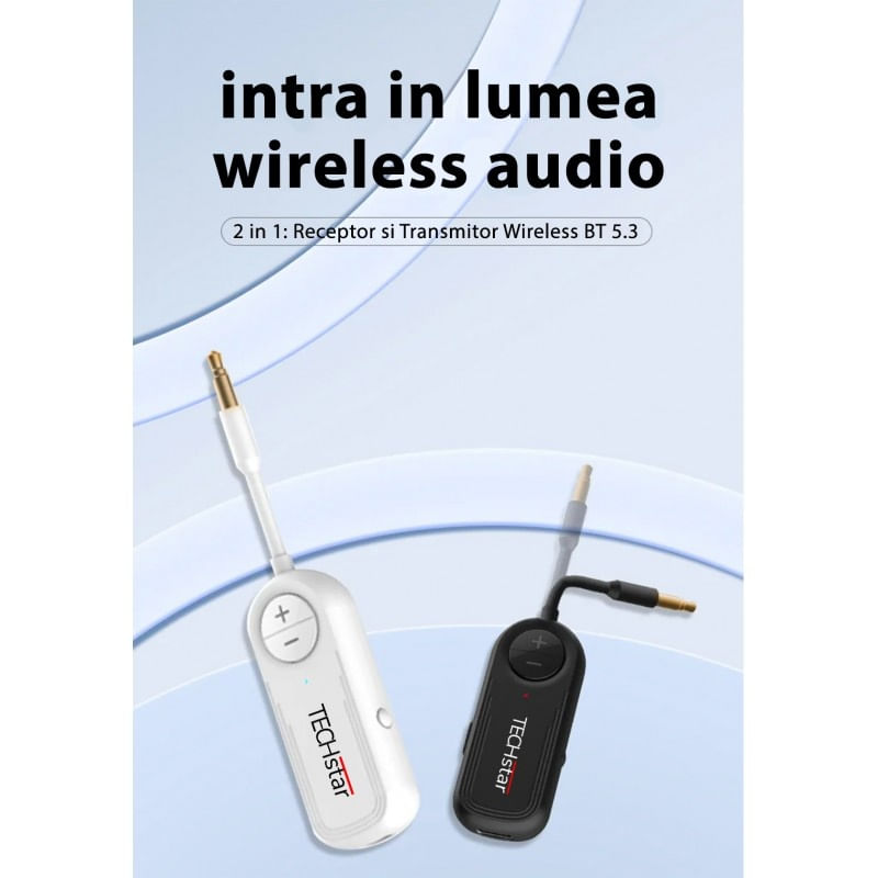 TV, Audio-Video si Foto - Accesorii TV si audio - Cabluri si adaptoare audio - Adaptor Wireless 2 in 1 Receptor si Transmitator Audio TX/RX Techstar® M28 Alb, cu Bluetooth BT 5.3 si Conector Port - Infinity.ro