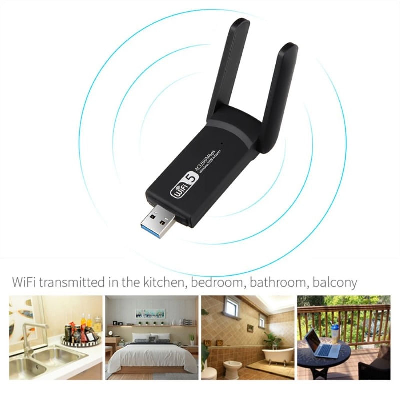 TV, Audio-Video si Foto - Accesorii TV si audio - Cabluri si adaptoare audio - Adaptor Wireless Techstar® AC 1300 Dual-Band, 1200Mbps, USB 3.0, 2.4G/5G, Long Range, 2 Antene, Negru - Infinity.ro