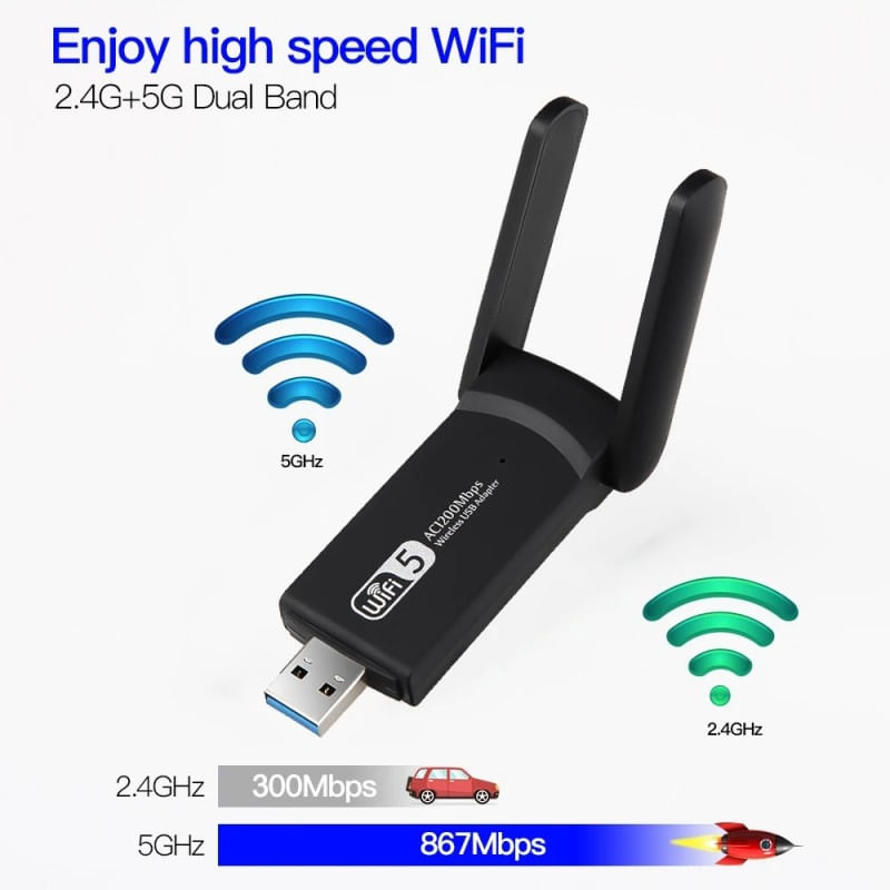TV, Audio-Video si Foto - Accesorii TV si audio - Cabluri si adaptoare audio - Adaptor Wireless Techstar® AC 1300 Dual-Band, 1200Mbps, USB 3.0, 2.4G/5G, Long Range, 2 Antene, Negru - Infinity.ro