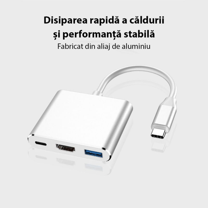 TV, Audio-Video si Foto - Accesorii TV si audio - Cabluri si adaptoare audio - Adaptor multifunctional 3 in 1 USB-C la HDMI Techstar® DJ3IN1, HDMI 4K, 1 x USB 3.0, 1 x USB C, PD Port, Argintiu - Infinity.ro