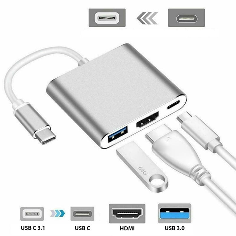 TV, Audio-Video si Foto - Accesorii TV si audio - Cabluri si adaptoare audio - Adaptor multifunctional 3 in 1 USB-C la HDMI Techstar® DJ3IN1, HDMI 4K, 1 x USB 3.0, 1 x USB C, PD Port, Argintiu - Infinity.ro