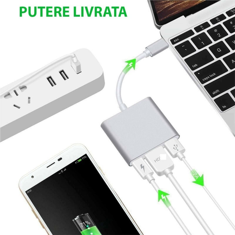 TV, Audio-Video si Foto - Accesorii TV si audio - Cabluri si adaptoare audio - Adaptor multifunctional 3 in 1 USB-C la HDMI Techstar® DJ3IN1, HDMI 4K, 1 x USB 3.0, 1 x USB C, PD Port, Argintiu - Infinity.ro
