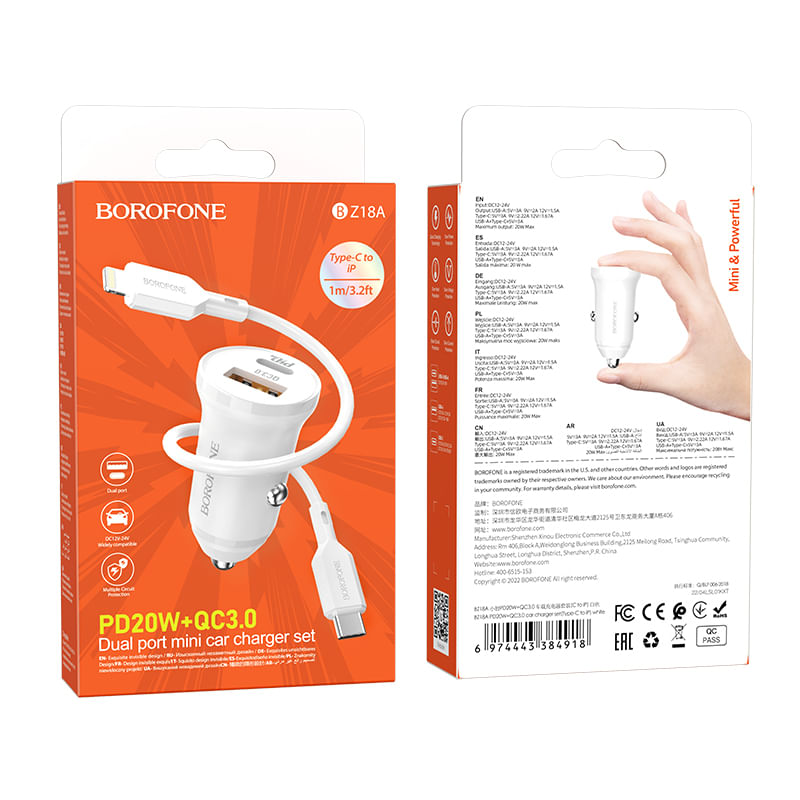 Laptop, Telefoane si Tablete - Telefoane mobile si accesorii - Accesorii Telefoane - Incarcatoare telefoane - Incarcator Auto pentru Telefon / Tableta - USB-C, TYPE C - PD 20W QC 3.0 18W, Cablu Tip C la Tip Lightning - Alb - Infinity.ro