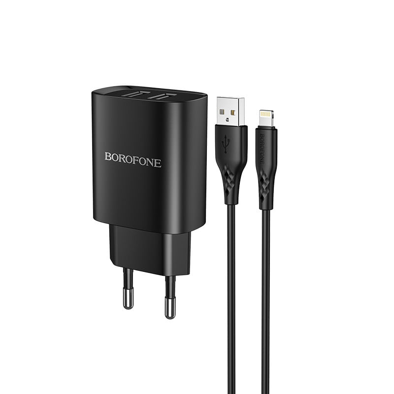 Laptop, Telefoane si Tablete - Telefoane mobile si accesorii - Accesorii Telefoane - Incarcatoare telefoane - Incarcator Retea Alimentator 2 x USB 2.1A pentru iPhone cu Cablu tip Lightning 1m - Borofone - Infinity.ro