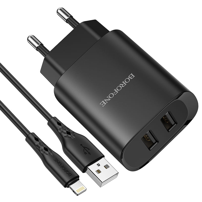 Laptop, Telefoane si Tablete - Telefoane mobile si accesorii - Accesorii Telefoane - Incarcatoare telefoane - Incarcator Retea Alimentator 2 x USB 2.1A pentru iPhone cu Cablu tip Lightning 1m - Borofone - Infinity.ro