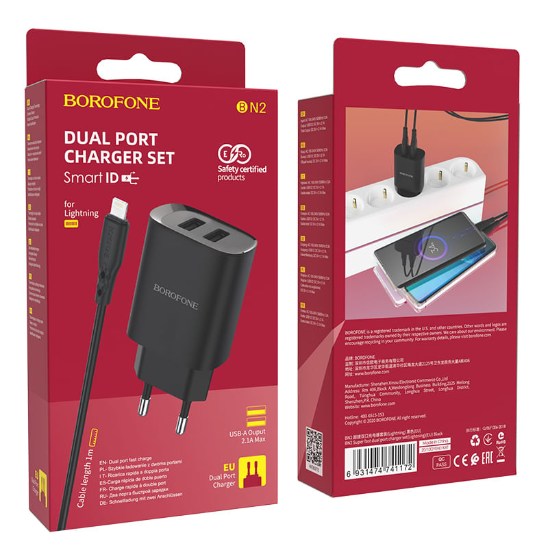 Laptop, Telefoane si Tablete - Telefoane mobile si accesorii - Accesorii Telefoane - Incarcatoare telefoane - Incarcator Retea Alimentator 2 x USB 2.1A pentru iPhone cu Cablu tip Lightning 1m - Borofone - Infinity.ro