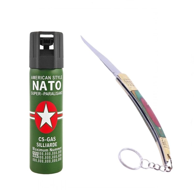 Sport si Outdoor - Camping - Accesorii camping si drumetii - Set spray cu piper si cutit model spaniol 20.5 cm, auto-aparare, 60 ml, verde - Infinity.ro