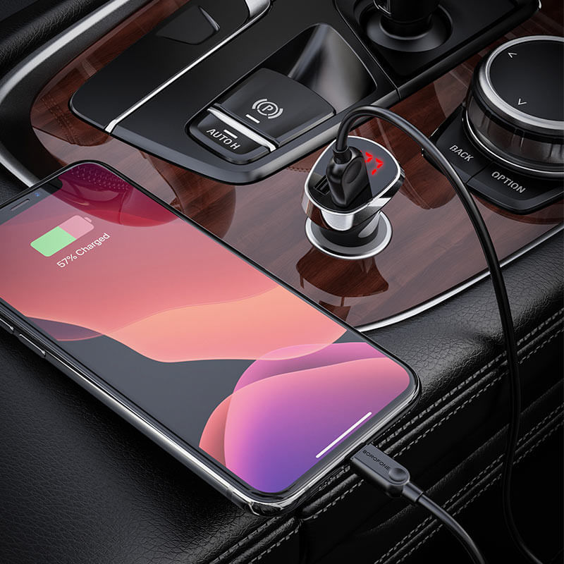 Laptop, Telefoane si Tablete - Telefoane mobile si accesorii - Accesorii Telefoane - Incarcatoare telefoane - Incarcator Auto Dual USB, LED, cu Cablu Lightning, pentru iPhone / Android / Huawei 2.4 A Borofone BZ15 - Negru - Infinity.ro