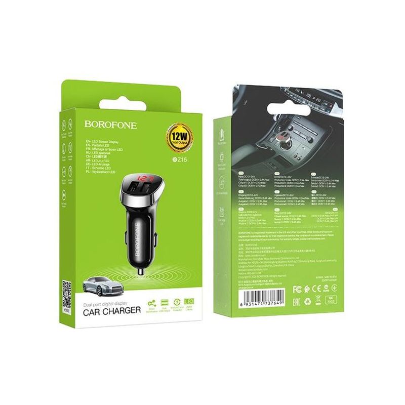 Laptop, Telefoane si Tablete - Telefoane mobile si accesorii - Accesorii Telefoane - Incarcatoare telefoane - Incarcator Auto Dual USB, 12-24V, 5V 2.4 A, Borofone BZ15 LED 12W - Negru - Infinity.ro