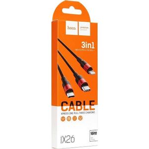 Cablu Incarcare USB - Lightning / USB Type-C / Micro USB 1 m, Negru-Rosu