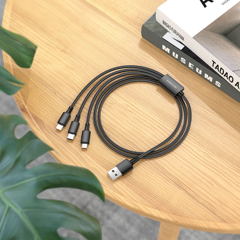 Laptop, Telefoane si Tablete - Telefoane mobile si accesorii - Accesorii Telefoane - Cabluri si adaptoare telefoane - Cablu de Incarcare 3 in 1 USB Type C - MicroUSB - Lighthing, Borofone BX72, 1m - Black - Infinity.ro